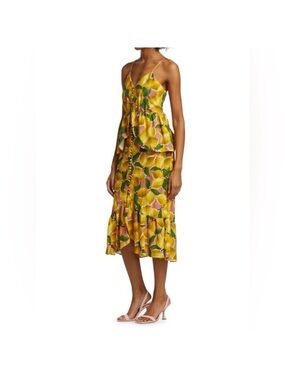 FARM Rio Yellow Green Pink Citrus-Print Midi Dress